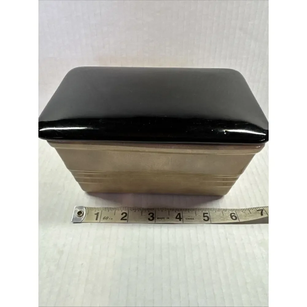 Antique Gem Clay Pottery Covered Dish trinket box black & tan neutral minimalist